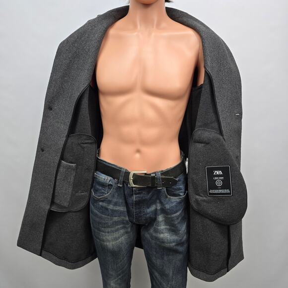 Zara 4 Way Coat Men M Gray 4-Way Stretch Knee Long Pea coat Overcoat Polyester - Picture 10 of 13